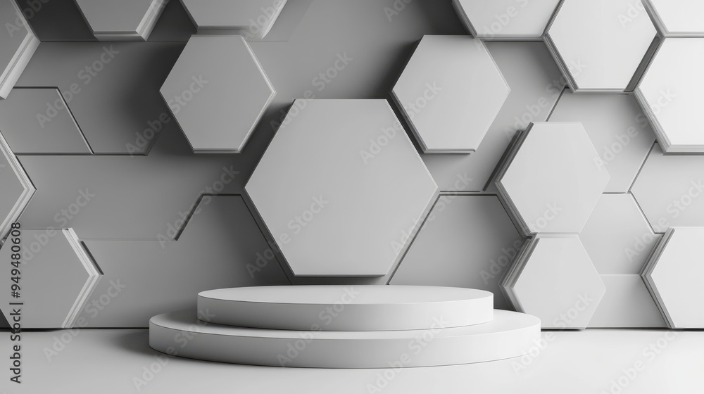Aufkleber Creative ideas Abstract background featuring modern futuristic geometric shapes with a podium for a hexagonal banner in gray Blank space digital banner website 3D rendering