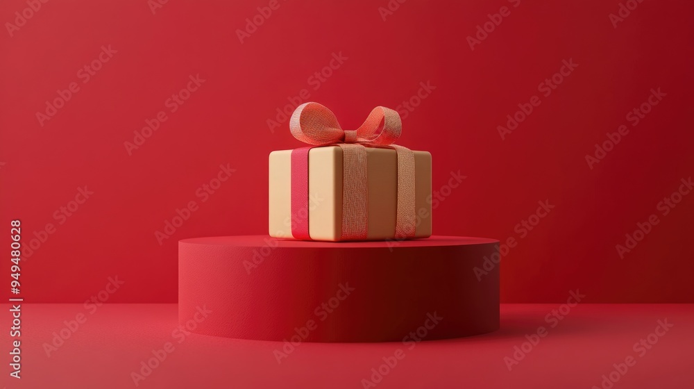 Poster Minimalistic product backdrop for holiday and sale events Feature a red and beige gift box adorned with a ribbon on a red surface 3D render illustration with included clipping paths for each eleme