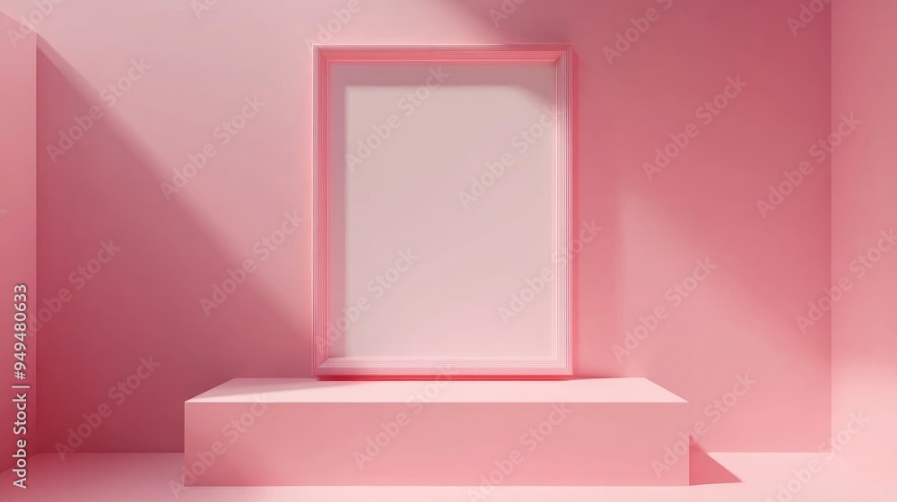 Poster square podium against a pink wall with an empty frame minimalist backdrop design suitable for produc