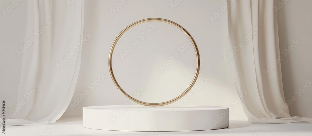 Fototapete Winner podium display on a white background with a circular ring representing success Blank product shelf backdrop 3D rendering