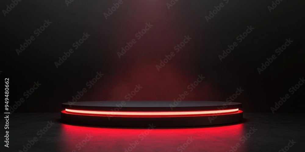 Poster black podium with red light emission against a dark background for advertising display 3d rendering