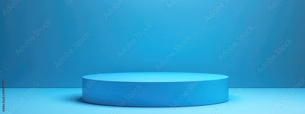 Poster empty podium against a blue backdrop for product presentation featuring ample copy space