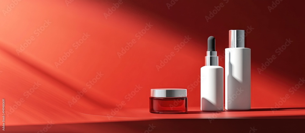 Poster Cosmetic products displayed against a red background 3D rendering design