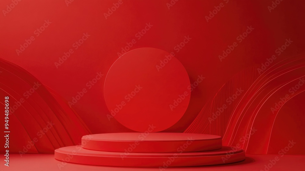 Poster Red podium set against a red backdrop 3D rendering Minimalist concept