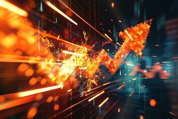 Fototapeta premium A virtual reality environment showcases a dramatic explosion of financial data, with an arrow sign pointing upward, representing the transformative power of a new business concept