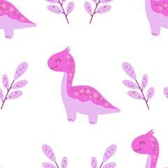 seamless pattern dino kid pink white background