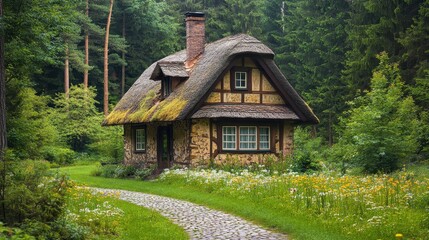 Fototapeta premium A charming thatched cottage nestled in a lush green forest with a winding stone path.
