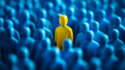 Obraz premium A single yellow figure stands out among a crowd of blue figures.
