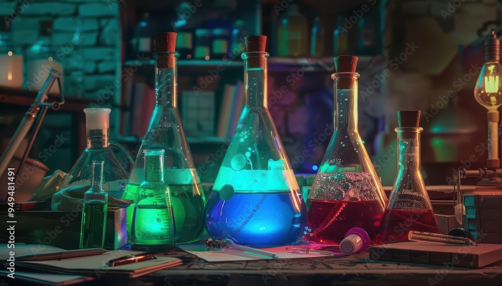 Poster amidst a mysterious lab setting, chemical bottles containing colorful liquids hint at the hidden won