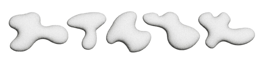 3d irregular shapes, abstract fluid halftone elements, organic liquid forms isolated on white. Vector illustration.