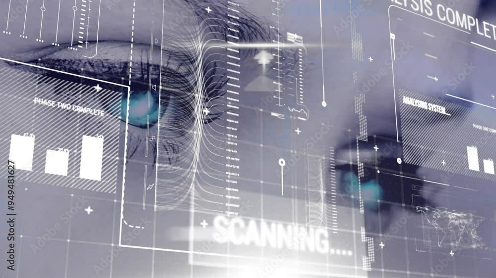 Poster scanning text animation over biometric data and graphs