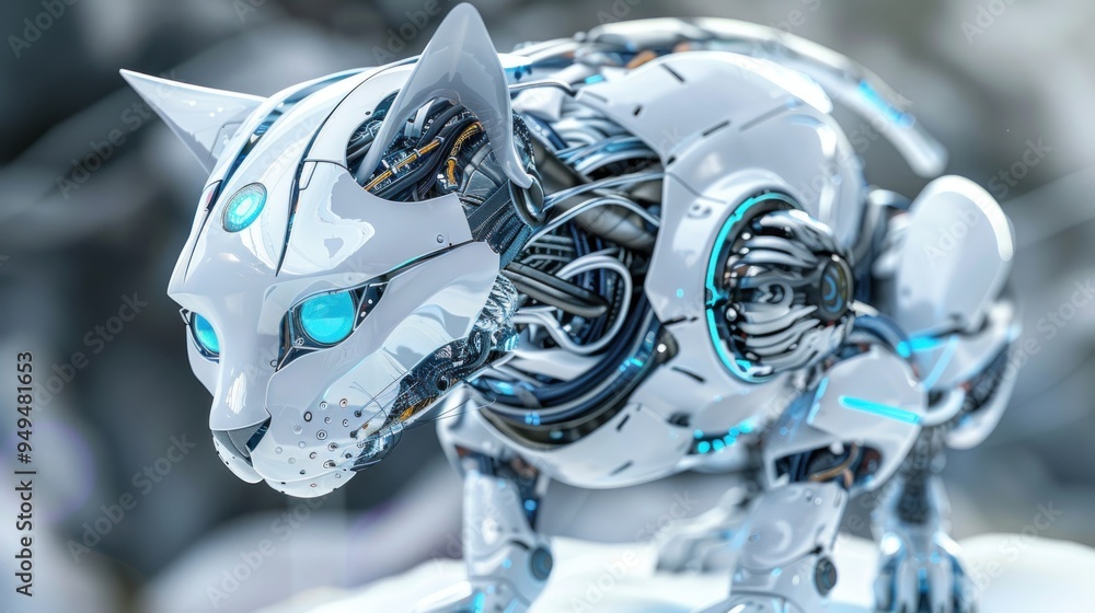 Poster futuristic cat robot in laboratory. ai generated images