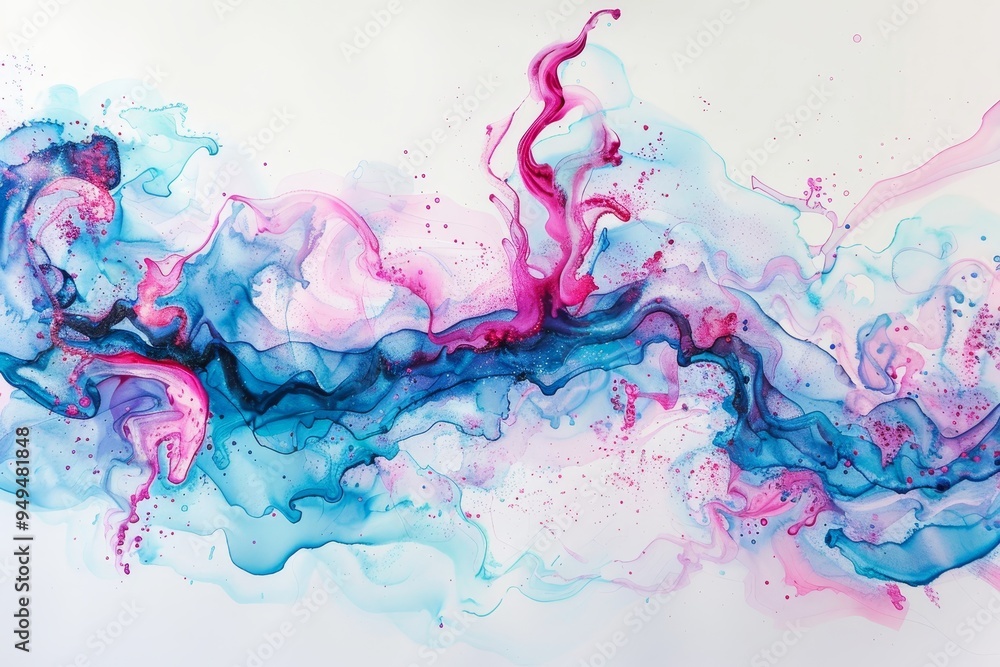 Aufkleber abstract painting featuring serene streams of pink and blue ink flowing and fusing together, serene 