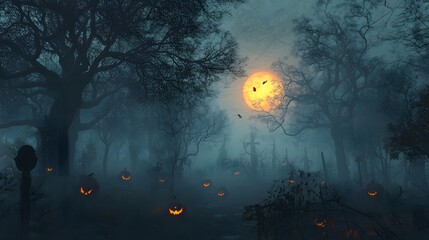 A fog-filled forest with deep shadows and hidden Halloween creatures