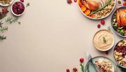 Creative flat lay template of a traditional Western holiday meal with roast turkey, stuffing, and cranberry sauce, with solid background and copy space on center