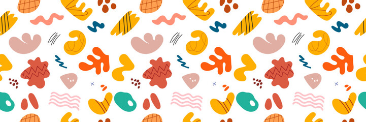 Abstract cute shape doodle fun hand drawn in pattern seamless background. Autumn Fun illustration for children pattern design.