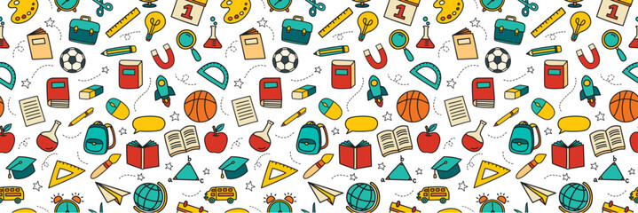 Back to school seamless pattern doodle style background. Education hand drawn objects and symbols icon.