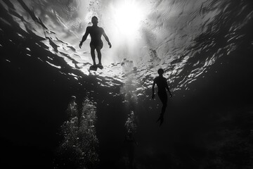 Fototapeta premium Couple in the water, floating and relaxing, Shadowy figures gliding through the deep end