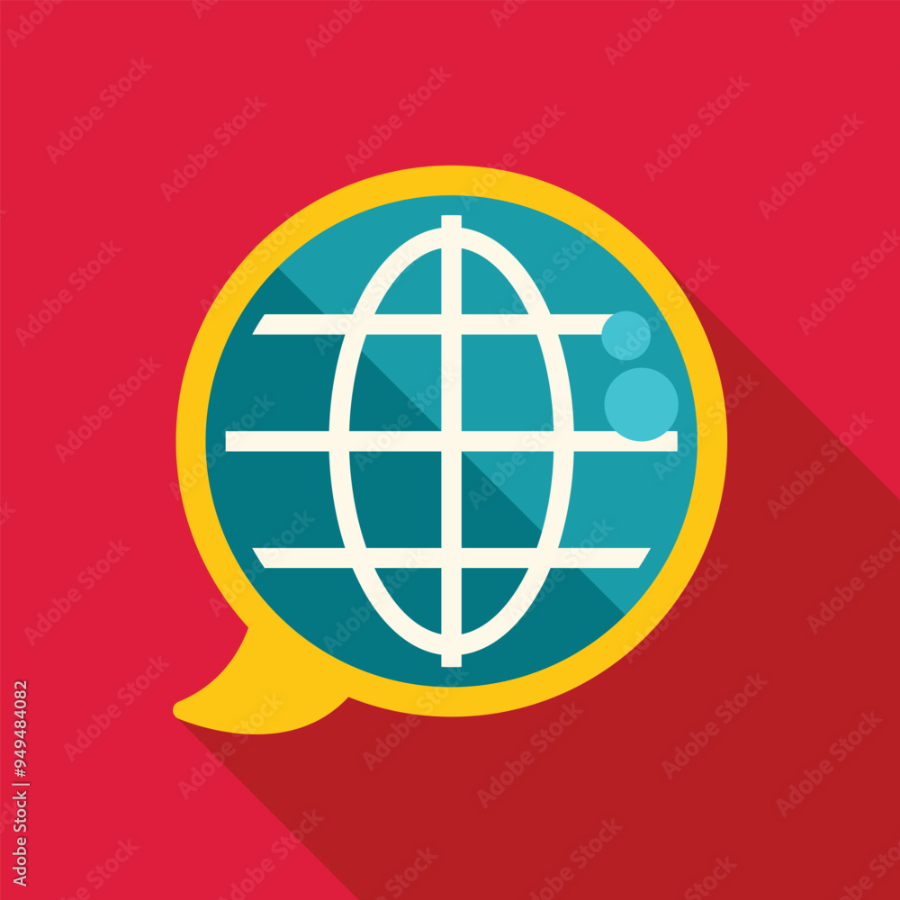 Poster global communication speech bubble icon with a world map is representing the concept of internationa