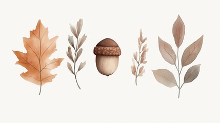 Watercolor Illustration of Autumn Leaves and Acorn on White Background - Perfect for Seasonal Designs, Nature Themes, and Botanical Art Projects