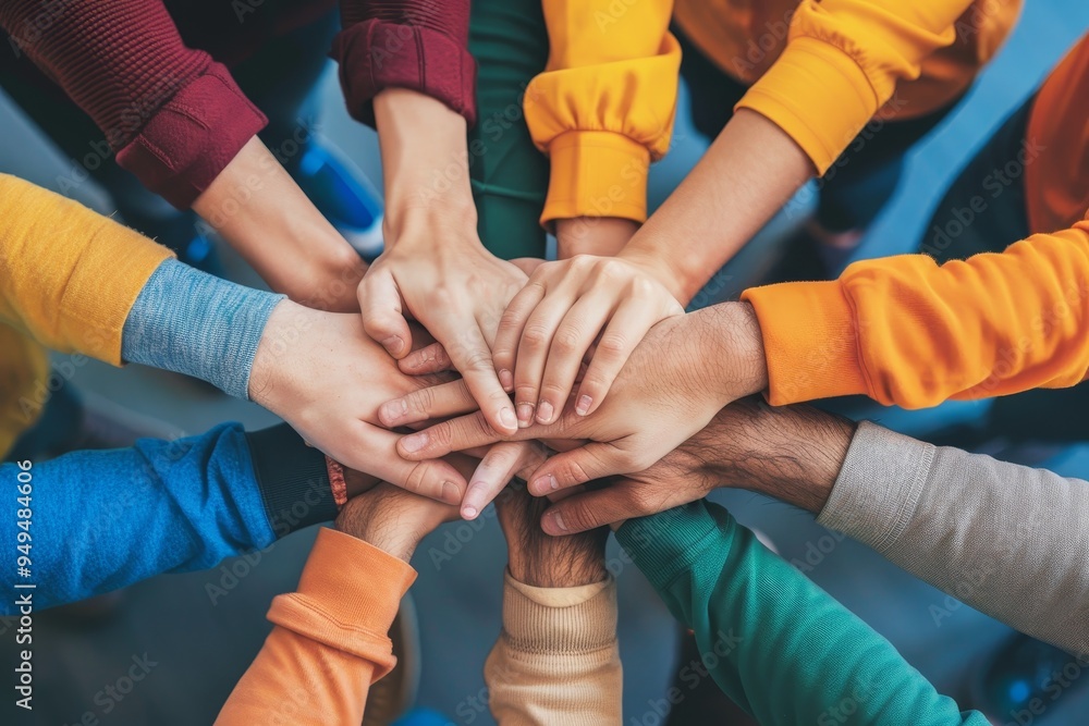 Poster a diverse group of individuals standing in a circle, joining their hands together in unity and solid