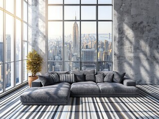 Obraz premium Urban-style lounge, dark gray sofa, striped base, panoramic city views.