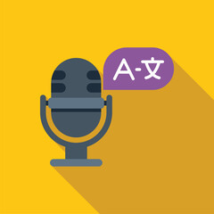 Microphone translating audio recording from alphabet to foreign language with speech bubble icon for translation app