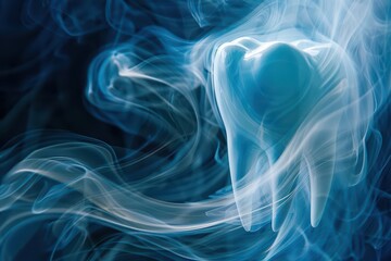 Fototapeta premium Illuminated white tooth enveloped in swirling light patterns, evoking a feeling of cleanliness and vibrancy against a backdrop of soothing blue tones