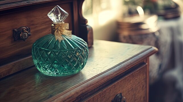 Elegant Vintage Green Glass Perfume Bottle with Crystal Stopper and Gold Ribbon - Perfect for Adding a Touch of Class to Your Vintage Decor or as a Unique Poster in a Retro-Inspired Room