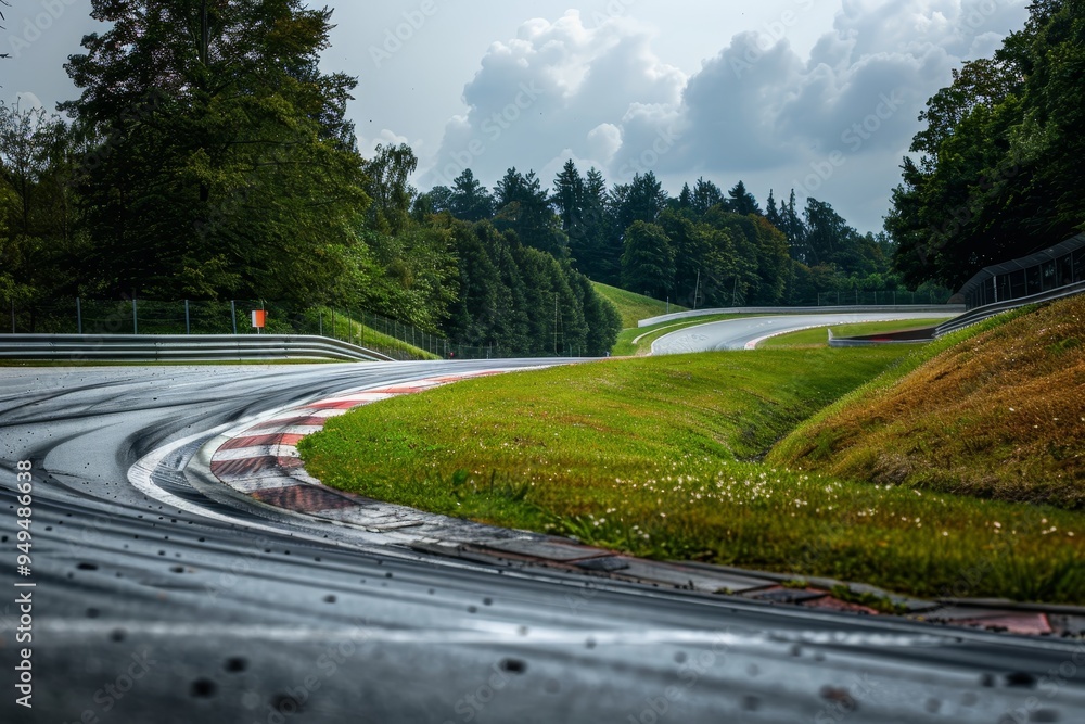 Poster a sharp curve in the road with trees lining the background, sharp turns and challenging corners of t
