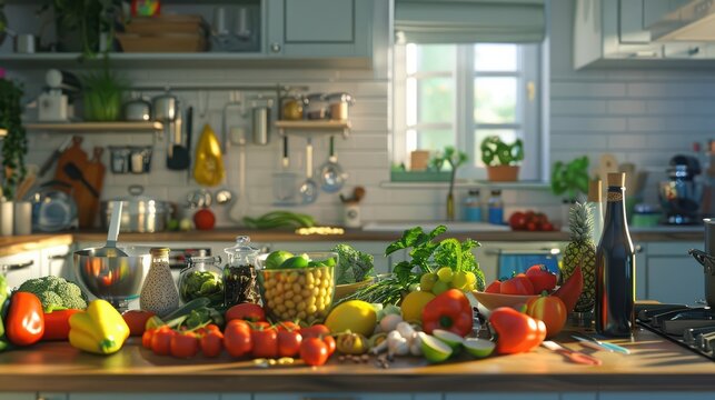 In a serene kitchen setting, an array of healthy food choices is meticulously arranged, hinting at the secrets of achieving balanced nutrition