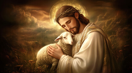 Portrait of Jesus as the good shepherd recovers the lost lamb. Christian biblical story. Concept of compassion and care for each individual.