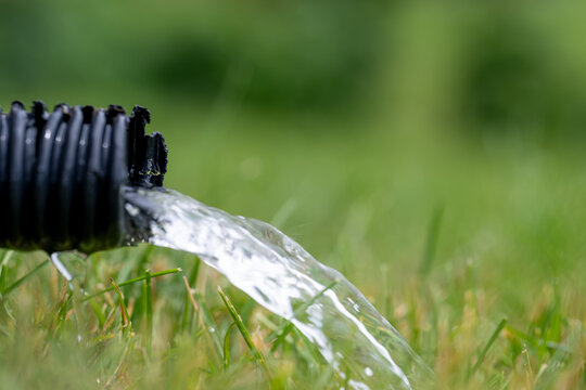 Residential sump pump drain line discharging water into grass yard after a rainstorm 