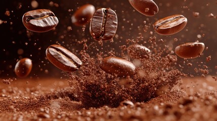Roasted coffee beans suspended in mid-air with a dynamic burst of ground coffee particles, showcasing a sense of motion and the freshness of coffee.