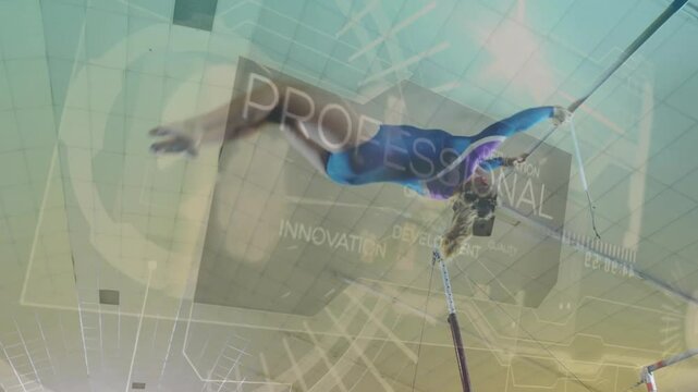 Gymnast performing on uneven bars with data processing animation over background