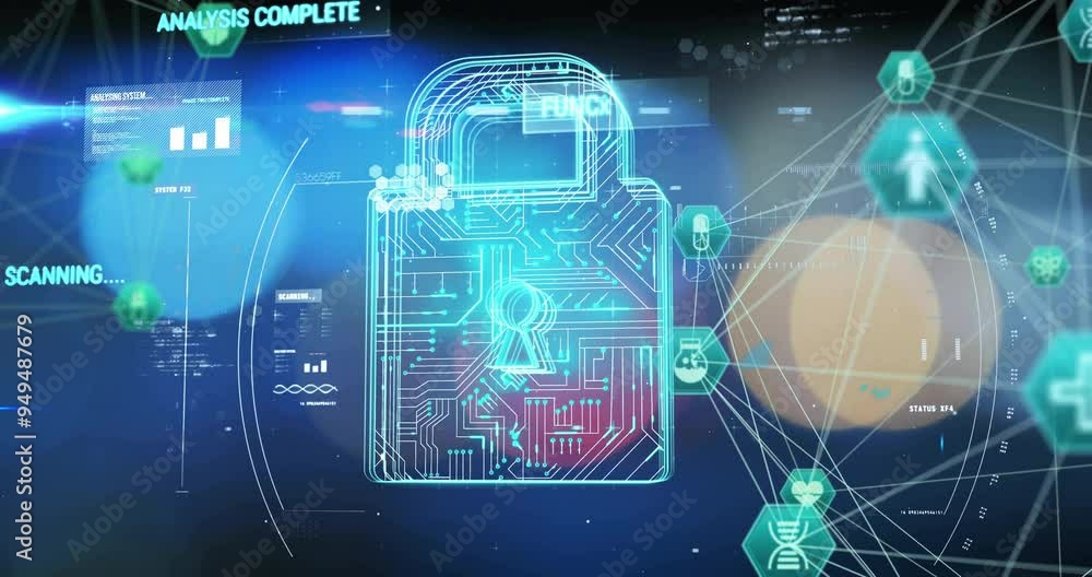 Poster digital lock and cybersecurity icons with data analysis complete animation