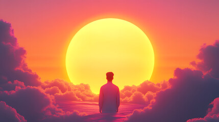 Illustration of a man stands in front of a large, bright yellow sun setting over a landscape of puffy pink clouds.