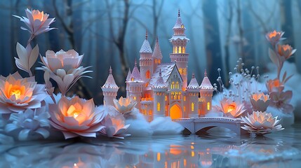 A fairy tale papercraft castle in pastel pink and lavender, with intricate spires, a drawbridge over a shimmering moat, and a whimsical, serene atmosphere,