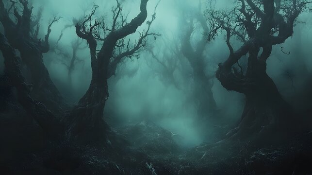 A foggy forest with deep dark colors and twisted trees creating a spooky vibe