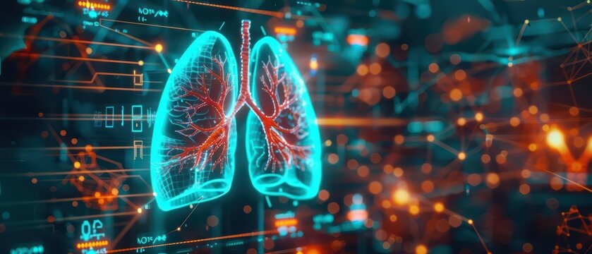 Pulmonology focus featuring illuminated HUD icon of lungs Hightech display of lung function and respiratory care