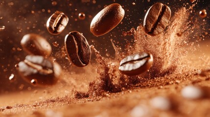 Fototapeta premium The image shows roasted coffee beans suspended in mid-air with a burst of coffee grounds and particles, creating a dynamic and textured close-up scene.