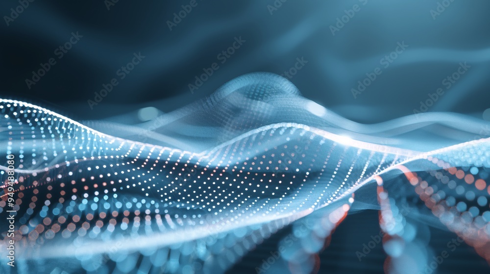 Poster abstract digital landscape with a mesh of interconnected dots and lines, representing data networks 