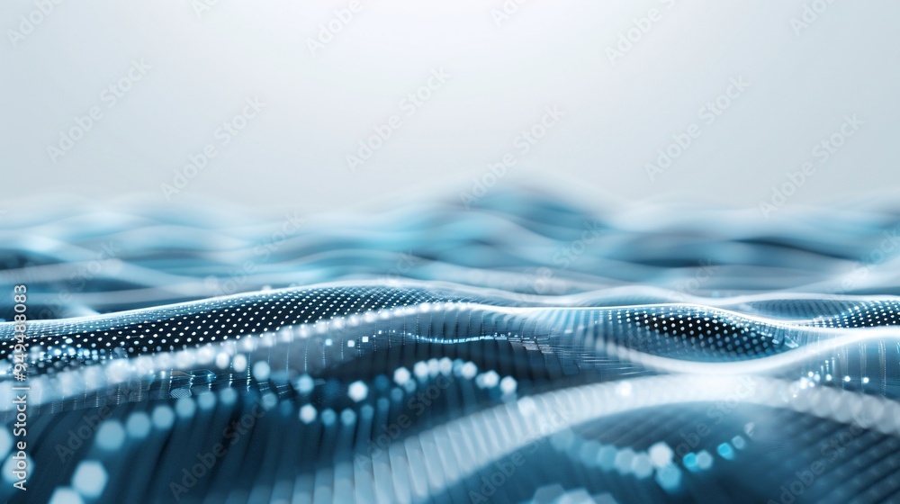 Poster abstract digital landscape with a mesh of interconnected dots and lines, representing data networks 
