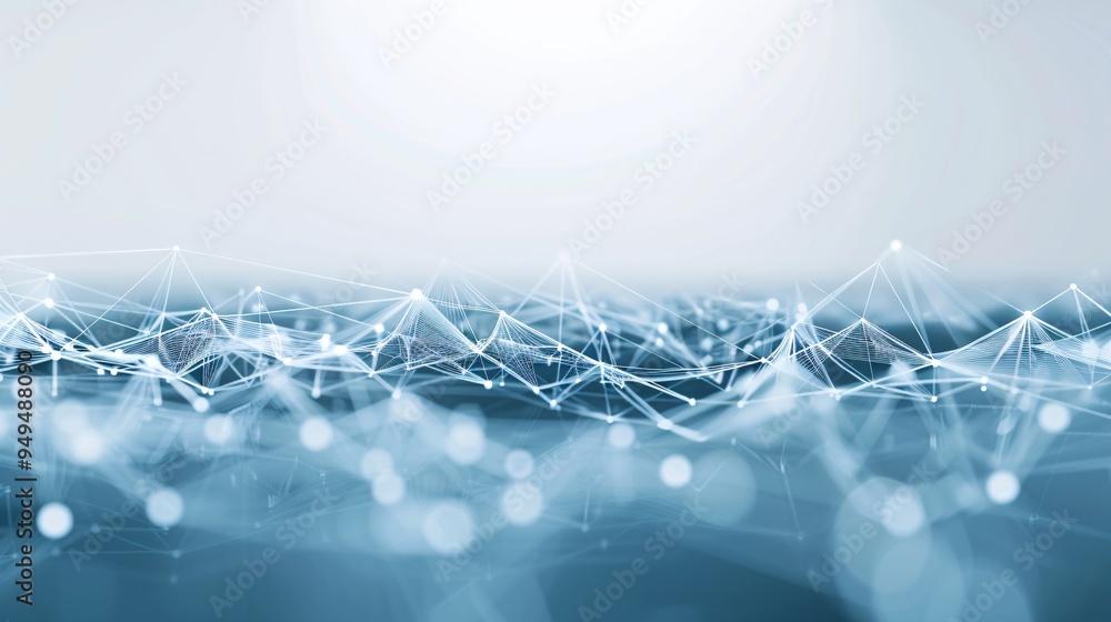 Poster abstract digital landscape with a mesh of interconnected dots and lines, representing data networks 