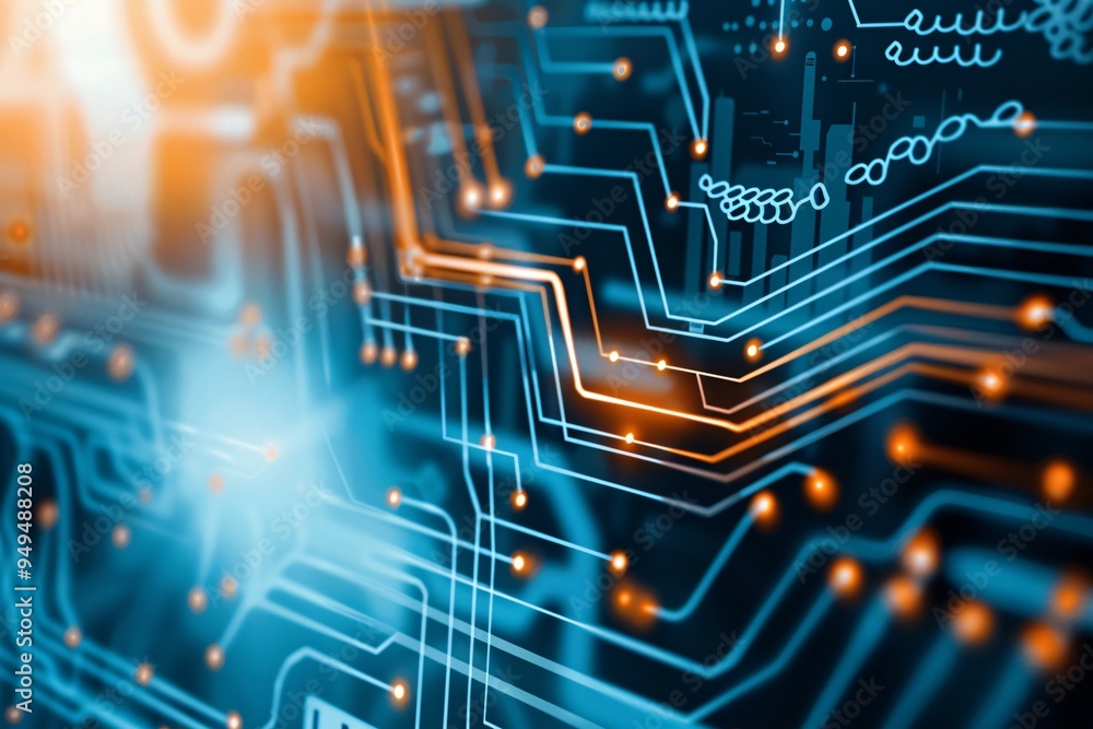 Poster high-tech digital background featuring circuit board patterns and glowing elements, representing inn