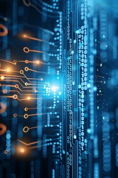 Abstract background with a blend of glowing binary code and circuit patterns, symbolizing the digital age and technological advancements, with copy space.