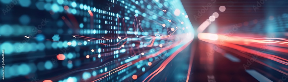 Poster futuristic digital background showcasing a matrix of light trails and data streams, perfect for tech