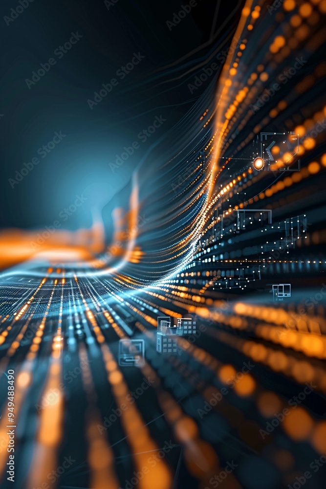 Poster abstract futuristic background with a blend of digital grids and dynamic light effects, symbolizing 