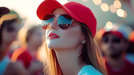 Woman wearing red cap and sunglasses at outdoor event.