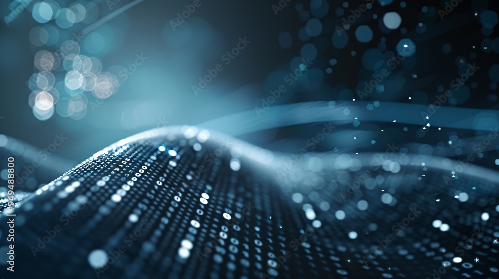 Poster abstract futuristic background with a swirl of digital data streams and light particles, symbolizing